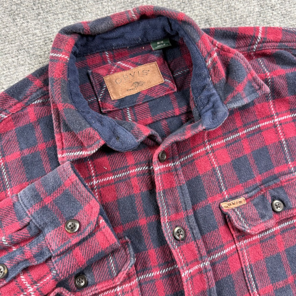 Orvis Flannel Shirt M Red Navy Plaid Cotton Button Down Mens